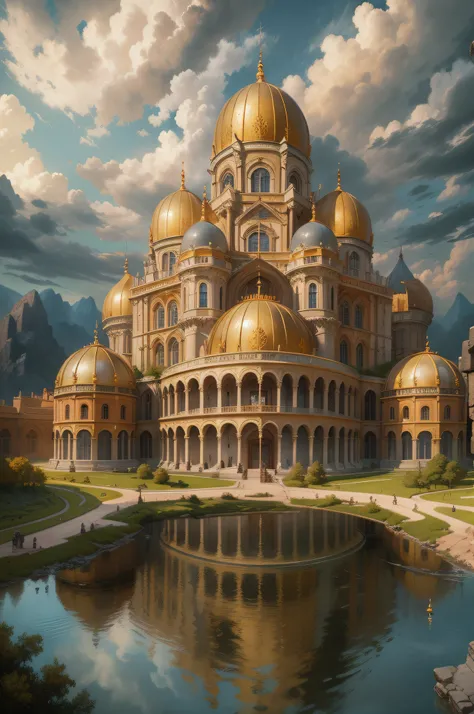 a masterwork Renaissance painting of a celestial palace in heaven, an epic palace with towers, gates, bridges, surrounded by celestial clouds, sense of divinity, touch of god, Renaissance art style, fantasy art, ultra best realistic, best details, best qua...