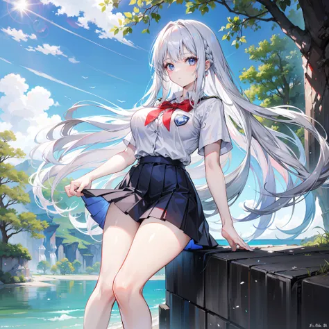 18 year old female, silver hair, red blue eyes, long hair, large breasts  Wear a school uniform and short skirt next to a natural lake.