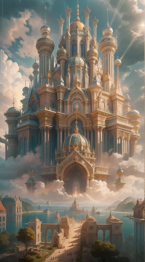 a masterwork Renaissance painting of a celestial palace in heaven (best details, Masterpiece, best quality :1.5), kingdom palace in heaven, an epic palace with towers, gates, bridges, surrounded by celestial clouds (best details, Masterpiece, best quality ...