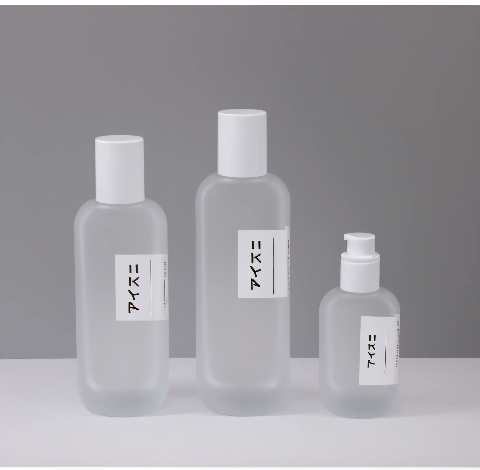 Three labeled scrub bottles are placed on the table,  Translucent white, Frosted glass, 4l, Glass bottle, 7 5 mm, modern minimalist f 2 0 clean, White color, product introduction photos, Mattire, White mist