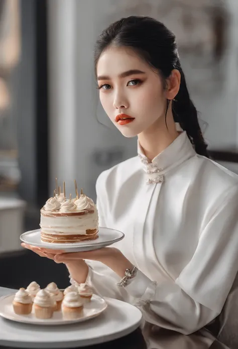 promotional shot, The place is a coffee shop, 1 girl, 16 year old face, The waitress brought the cake to the table, Black hair with double ponytail, Gentle face, chanel outfit, Clothes dominated by white accentuate clothing details