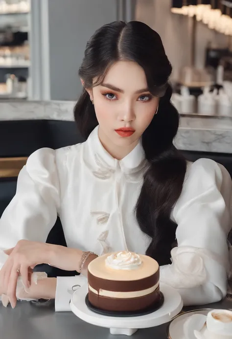 promotional shot, The place is a coffee shop, 1 girl, 16 year old face, The waitress brought the cake to the table, Black hair with double ponytail, Gentle face, chanel outfit, Clothes dominated by white accentuate clothing details