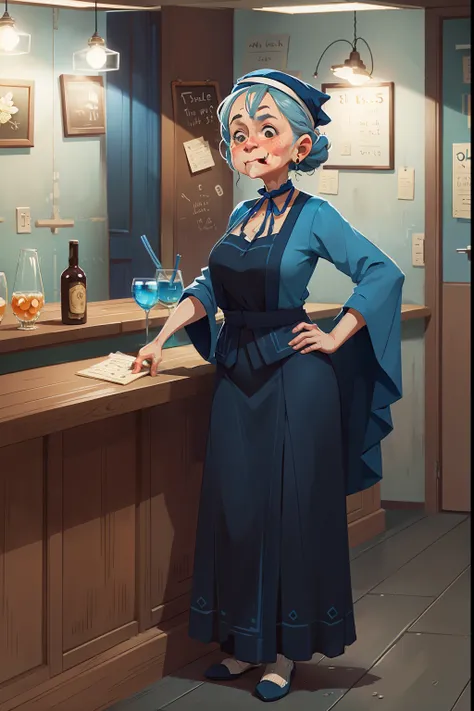 Old woman, blue color scheme, behind a bar, serving drinks, long dress