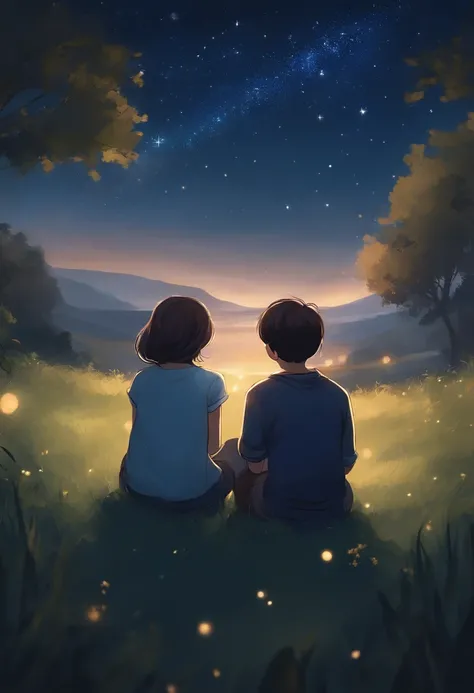 A boy and girl under the stars Sitting on the grass with his back No face Looking at the universe The sky is full of stars Short hair Blue casual clothes Characters account for less than a quarter