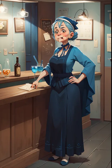 Old woman, blue color scheme, behind a bar, serving drinks, long dress