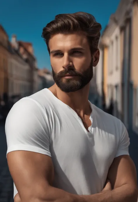 (White T-shirt for men), ), (with a long beard,) Attractive and serious look, dark brown  hair, Stylish and elegant, Shaved strong body T-shirt, A man similar to actor Jamie Donan, (high quality and realistic image), Scandinavian apartment in background wi...