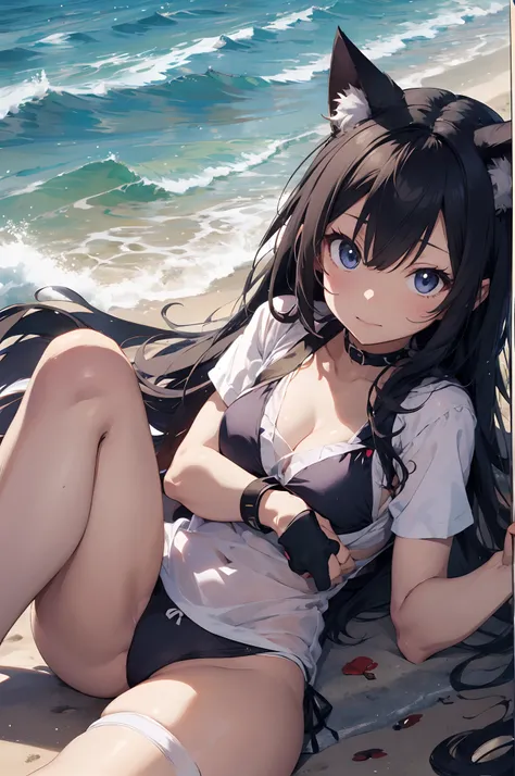 Anime girl in bikini with cat ears on the beach, Anime girl with cat ears, Beautiful anime cat girl, Girl with cat ears, Very beautiful anime cat girl, attractive cat girl, Anime Cat Girl, Cute anime cat girl, From the front line of girls, anime moe art st...