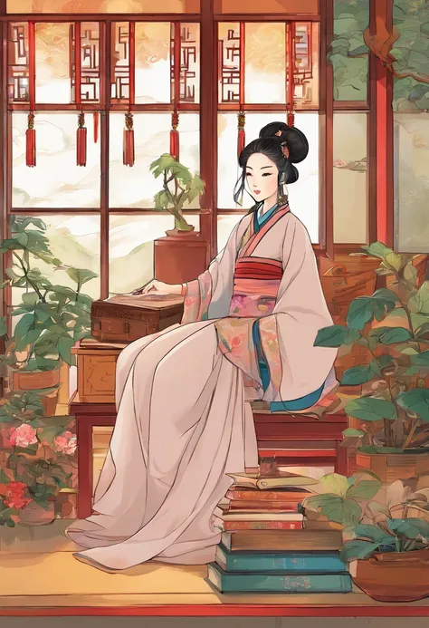 Chinese beauty of the Song Dynasty，In front of her was a table，There is a cat under the table。There was a stack of books on the table，pen, ink and paper，Computer：1.2，high-class，big window，lots of plants，There is a moon at night