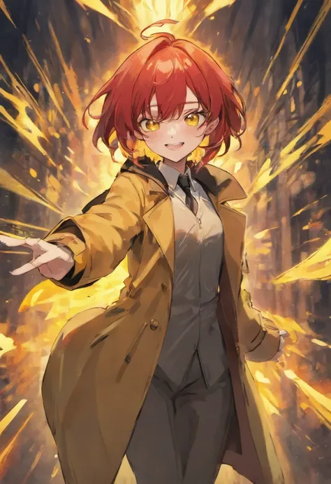 Redhead, black fire dragon, golden eyes, trench coat, sunny and cheerful smile, tai knife