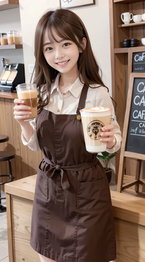 one girls、wavy curly hair、cafe clerk、latte art, happy smiling face, brown hair,