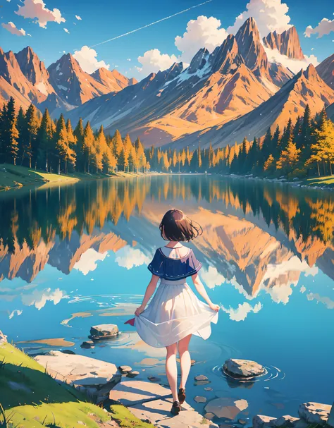 a mountain lake with a sunset mountain range in the background, girl with dress walking back in the stone way, beautiful art uhd 4 k, 4 k hd wallpaper very detailed, extraordinary colorful landscape, 4k highly detailed digital art, landscape wallpaper, sce...