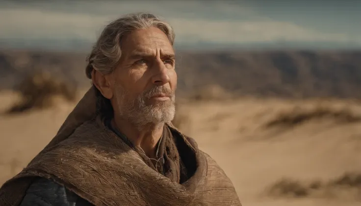 um homem encapuzado andando no deserto, holding a staff and one hand, with a sky background, portrait of bedouin d&d, ainda de um filme live action, Directed by: Étienne Delessert, Disparo IMAX, James Gurney e Andreas Rocha, Filme ainda de Duna 2020, mediu...