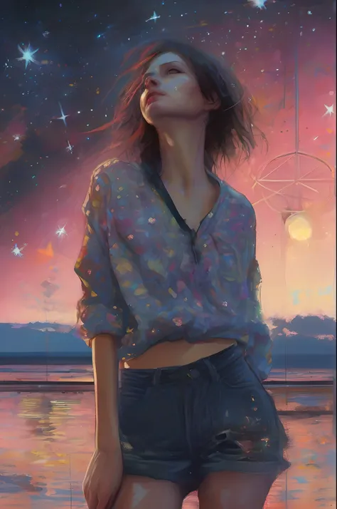 ((Best Quality, tmasterpiece)), 1girl, Summer starry sky, Russian, very colorful, Best Improvisation, ((style of: Alexey Maleev)), sensitivity, Detailed Illustration, grotesque, Complicated details, chilling, (aesthetics), Hyper-realistic, insanely detaile...