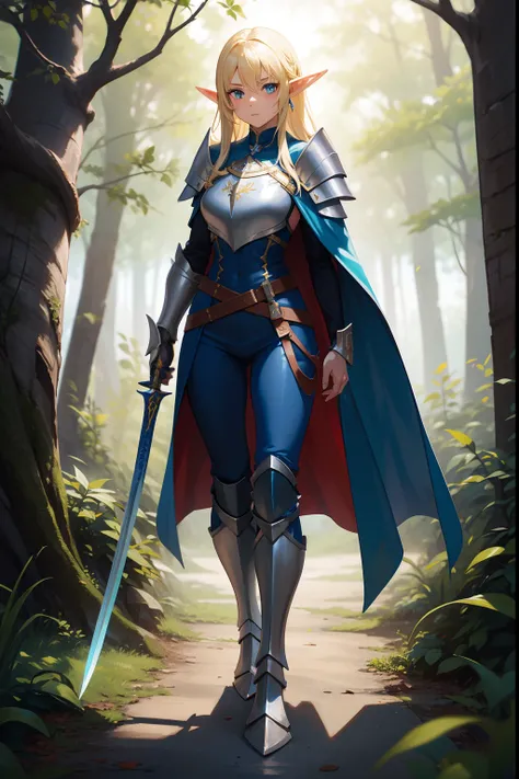 young girl, hight elf, long elf ears, blonde hair, strong body, wearing paladin silver full body armor, blue pants, armor on legs, armor on hands, blue cape, hold scimitar sword, standing tall in forest, full body