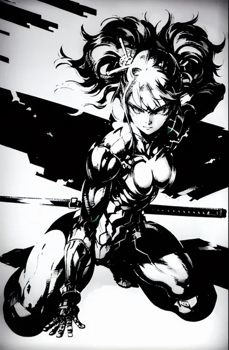 shinkawa youji, cyborg ninja, 1boy, cyborg, greyscale, girl focus, monochrome, ninja, solo, sword, weapon, ((masterpiece)), sexy,