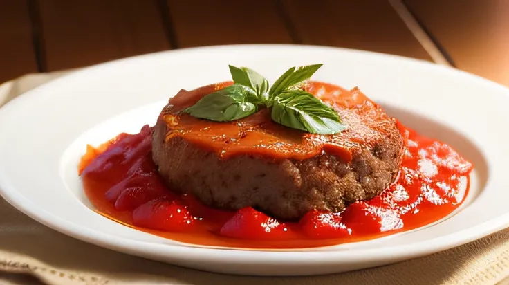 Theres a plate with a breaded beef steak superimposed on a tomato sauce (vermelho)