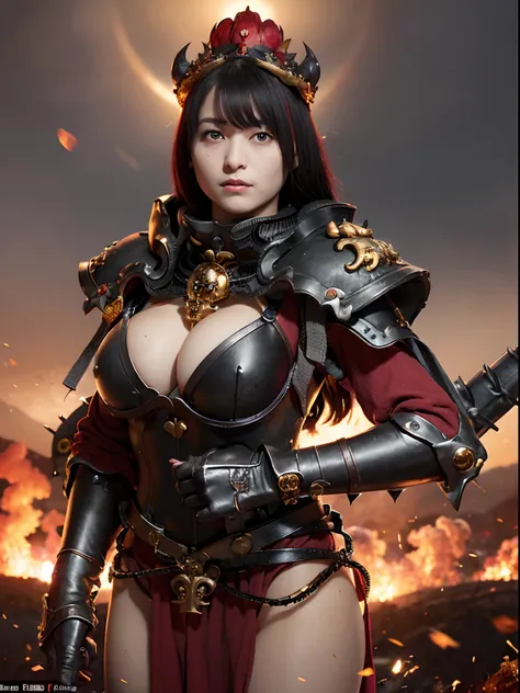 (masutepiece), Professional , ​masterpiece、top-quality、photos realistic , depth of fields （Gemstone Black Metal Body:1.4),(Matte Black、（cleavage of the breast）、Dragon Gold Weapon,Mystical expression、Particles of light、Fight dragons、（Dragon Metal Body:1.４),...