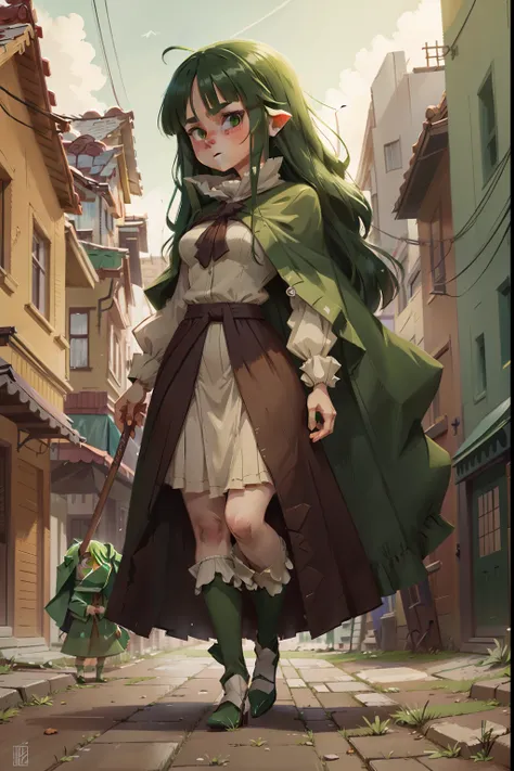 Feminine character with green color scheme, mid length hair, wearing a long skirt with a cloak and hoof covering some of head, standing in a street, concerned