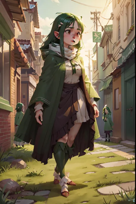 Feminine character with green color scheme, mid length hair, wearing a long skirt with a cloak and hoof covering some of head, standing in a street, concerned