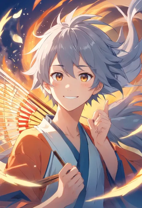 male people，Gray hair and white eyes，nine tail fox，folding fan，ssmile，Ancient wind