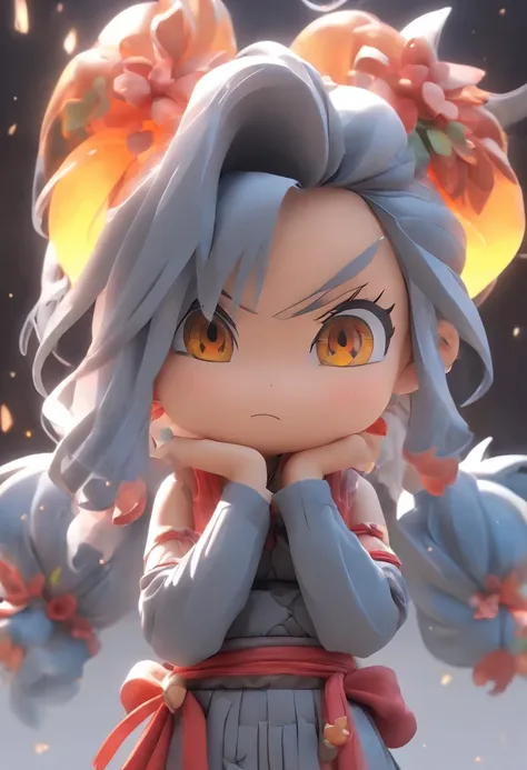 3D blind box，Cute girls，Stand with your hands crossed，pouting，drak，Dragon clothes，火焰，Round Visualizer，simple grey background