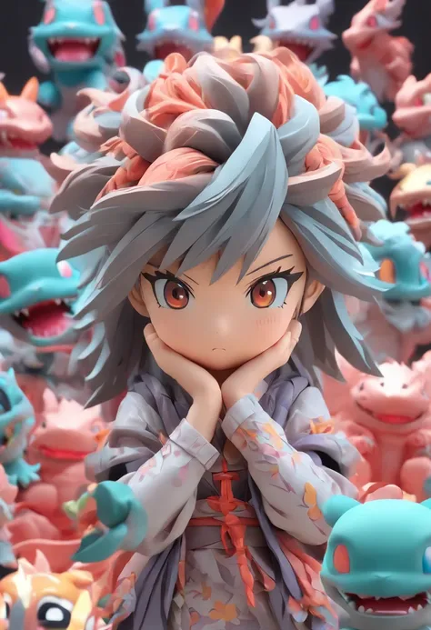 3D blind box，Cute girls，Stand with your hands crossed，pouting，drak，Dragon clothes，火焰，Round Visualizer，simple grey background