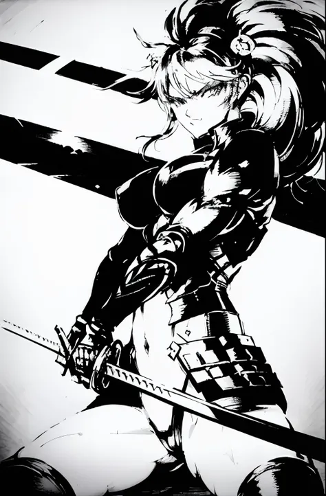 shinkawa youji, cyborg ninja, 1boy, cyborg, greyscale, girl focus, monochrome, ninja, solo, sword, weapon, ((masterpiece)), sexy, Lovely big Breasts