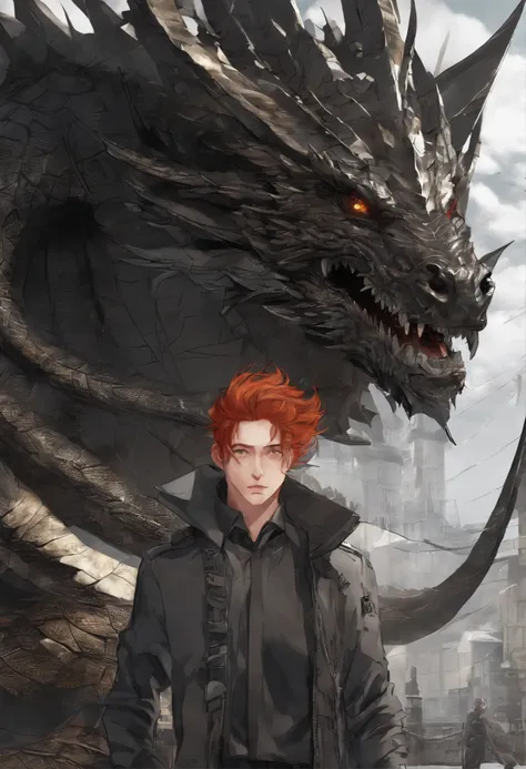 Red-haired black dragon, Golden eyes, wind coat, Sunny and cheerful smile, Tachi，male people，Optimal image quality