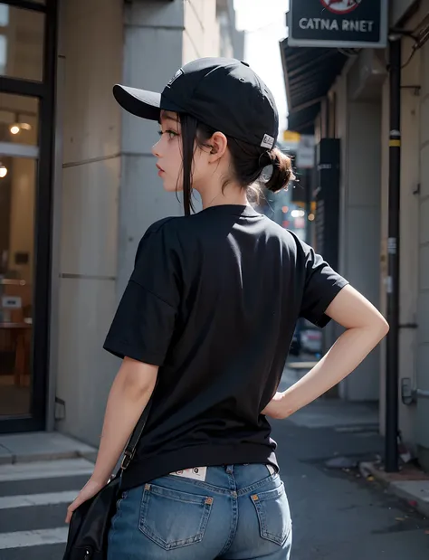 nigth，one-girl，dressed in casual attire，With a baseball cap，A lone，Back Shadow