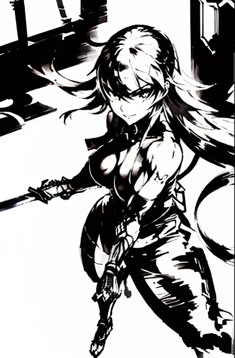 shinkawa youji, cyborg ninja, 1boy, cyborg, greyscale, girl focus, monochrome, ninja, solo, sword, weapon, ((masterpiece)), sexy, Lovely big Breasts