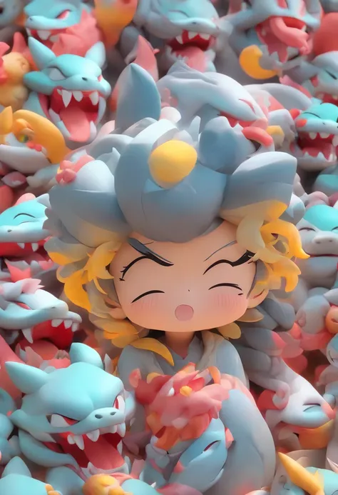 3D blind box，Q version big head，Cute girls，full bodyesbian，Stand with your hands crossed，Pouting，Anthropomorphic dragon shape，Round Visualizer，simple grey background