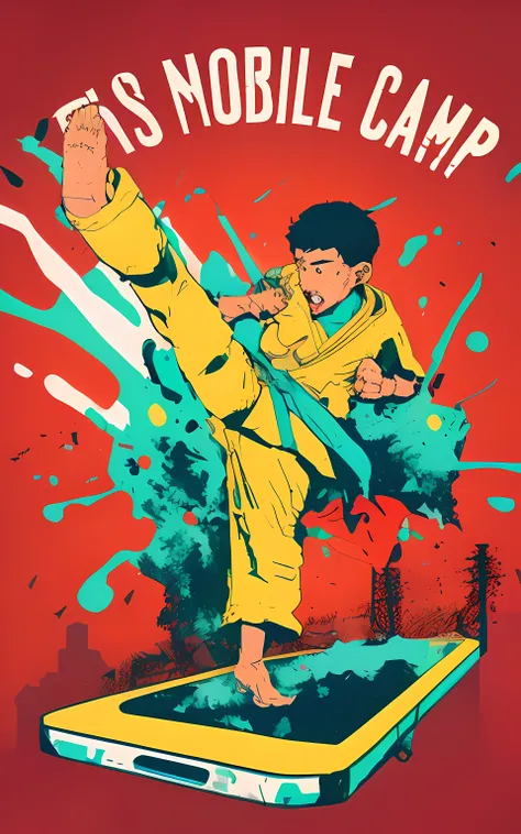 there is a poster with a man kicking a cell phone, akira style illustration, akira art style, in the style of sachin teng, akira artstyle, butcher billy style, inspired by Liam Wong, in the style of akira, in style of kyrill kotashev, karate kick, akira co...