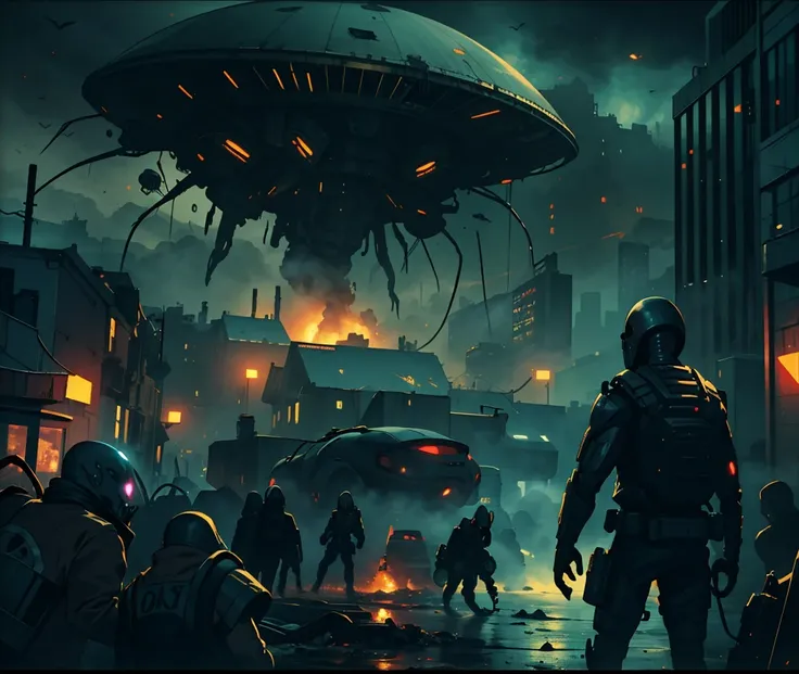 "Creepy scene of intense alien invasion，The atmosphere is dark, Dramatic lighting, and drastic action. Demonstrate powerful alien creatures, Advanced technology, ruined cityscapes, Panicked civilians, and a sense of imminent danger. Generate disturbingly i...