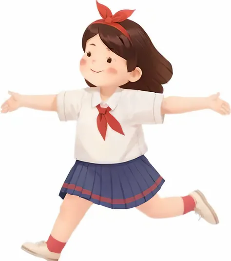 Cartoon girl in school uniform running with her arms outstretched, the anime girl is running, character is in her natural pose, dancing character, girl in uniform, of a youthful japanese girl, character is standing, full body character, anime visual of a c...