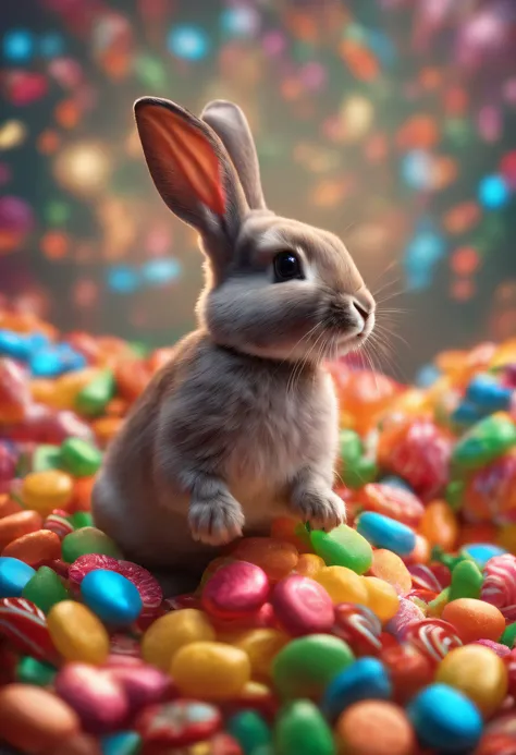 a bunny standing on top of a pile of candy, trending on Artstation, psychedelic art, beautiful art uhd 4 k, profile picture 1024px, amazing colors, absolutely outstanding image