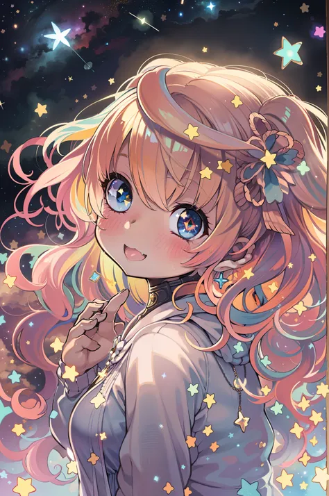 high detailing, Super Detail, 超A high resolution, Girl enjoying her time in the galaxy of dreams, surrounded by stars, Warm light sprinkled on her, Starry sky with colorful galaxy and galactic clouds in the background, Stars flying around her, Delicate fac...