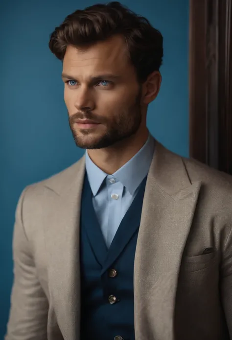 (Man in stylish costume),(blue eyes) (Portrait) attractive and serious appearance, dark brown  hair, Stylish and elegant, and a strong body T-shirt, A man similar to actor Jamie Dornan, (High-quality, realistic images), Scandinavian apartment with designer...