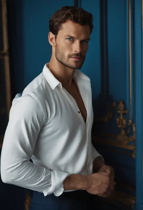 (Man in stylish costume),(blue eyes) (Portrait) attractive and serious appearance, dark brown  hair, Stylish and elegant, and a strong body T-shirt, A man similar to actor Jamie Dornan, (High-quality, realistic images), Scandinavian apartment with designer...