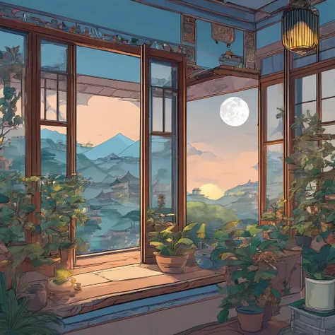 Qing dynasty aesthetic home，sofe，catss，Computer，big window，lots of plants，There is a moon at night，Blue and white color scheme