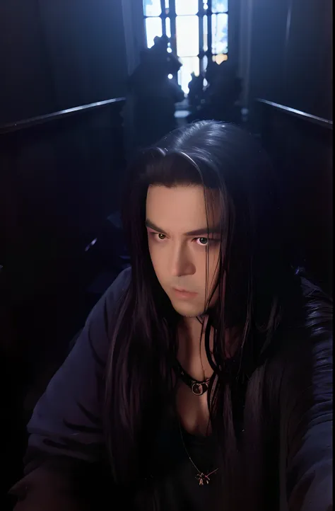 the arad woman with long black hair sat in a dark room, with his long black hair, with long hair and piercing eyes, wuxia, inspi...