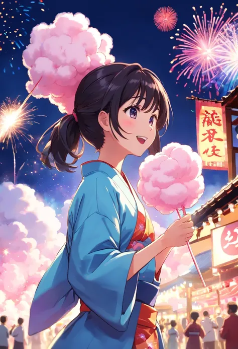 An illustration of a woman wearing a yukata eating a her face size over cotton candy under fireworks at a summer festival venue. (background, ・Colorful fireworks are lighting up the night sky at the summer festival venue. ・Fireworks rise high into the sky ...