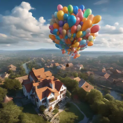 (best quality,4k,8k,highres,masterpiece:1.2),ultra-detailed,(realistic,photorealistic,photo-realistic:1.37),house flying with a bunch of balloons,storybook fantasy,romantic,wonder,blue sky and white clouds,aerial view of the earth