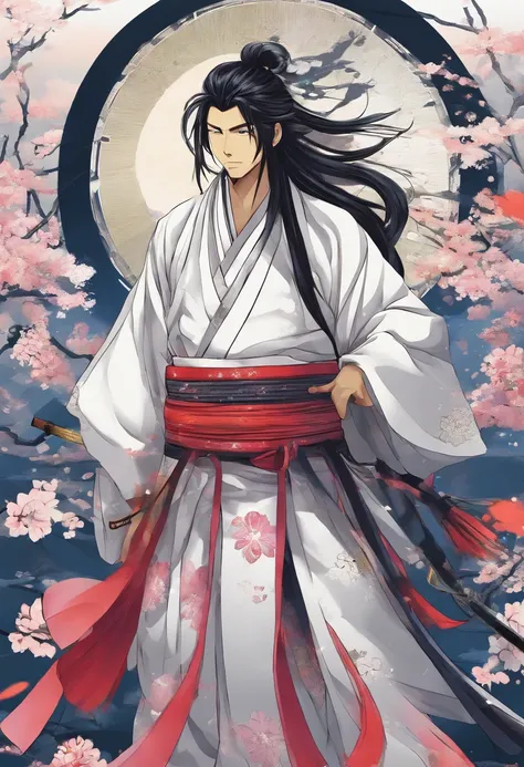 samurai guy, kimono, black long hair,