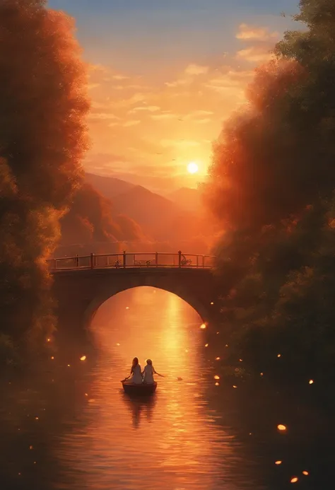 Masterpiece, Best quality, cinematic Film still from, Flames that ignite, Floating in the sky, Close-up, Bright, cheerfulness, Warm and soft lighting, Ghibli style, anime big breast, Illustration book, Sunset, (spark of light:0.7)