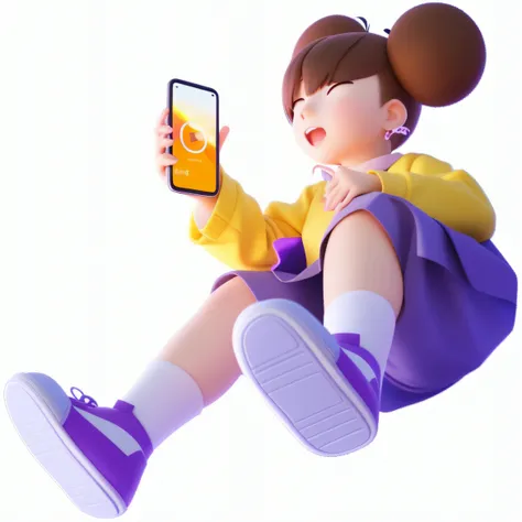 Cartoon girl sitting on the ground holding a cell phone, she is holding a smartphone, render of a cute 3d anime girl, 3 d render official art, e - girl, E-Girl, no gradien, render of april, 2D illustration, 2 d illustration, 3d character, 3 d character, di...