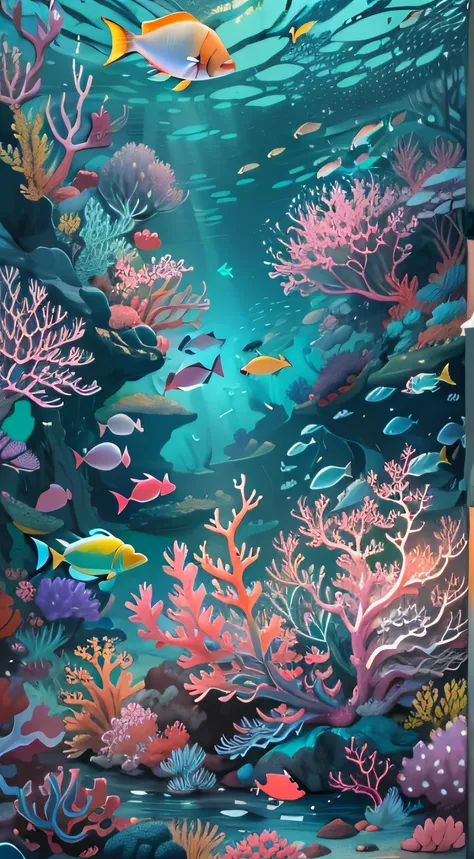 Conceptual art of marine life, Undersea landscape, Marine life，Beautiful coral reefs come in different shapes, 。.3D，, Fish, Female animated fantasy illustration. Long white hair scattered in the sea, Drift, Very harmonious. The whole painting adopts a mess...