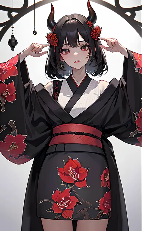 （realisticlying：1.3）， tmasterpiece， best qualtiy， （complexdetails：1.2）， （scenecy：1.3）， beauitful face， （Black Themes：1.3），（（（1girll，Girl in patterned kimono，oni horn，amaryllis