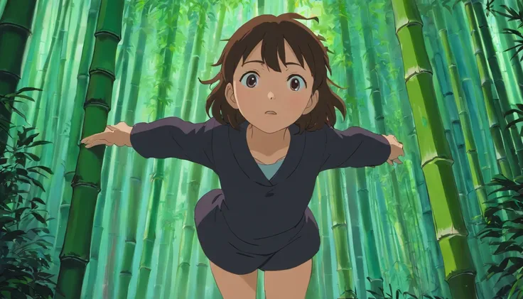 strong abandoned girl protagonist, dirt on face, dark and evil clothing, in a t-pose, full body in frame, in a bamboo forest looking up