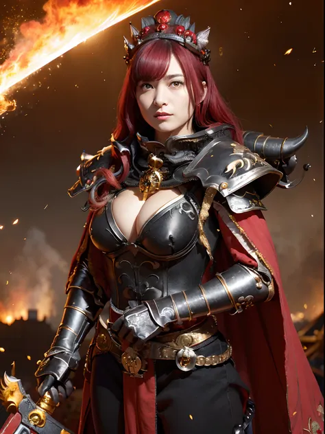 (Bleeding from the head), Professional , ​masterpiece、top-quality、photos realistic , depth of fields （Gemstone Black Metal Body:1.4),(Matte Black、Toostock、（cleavage of the breast）、Dragon Gold Weapon,Mystical expression、Particles of light、Fight dragons、（Dra...