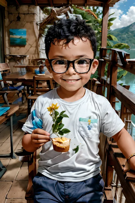 loranerdinho1, here's a moving portrait of a cheerful 3-year-old boy wearing glasses, alegremente colhendo flores perto de um se...